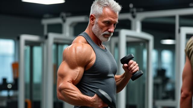 Mature man strength training with dumbbells in a modern gym