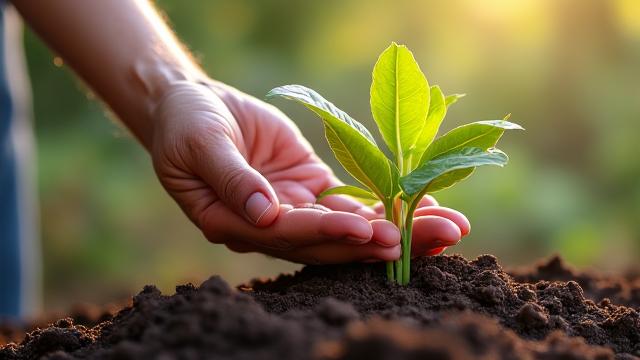 Hands planting a small tree seedling, symbolizing growth and future