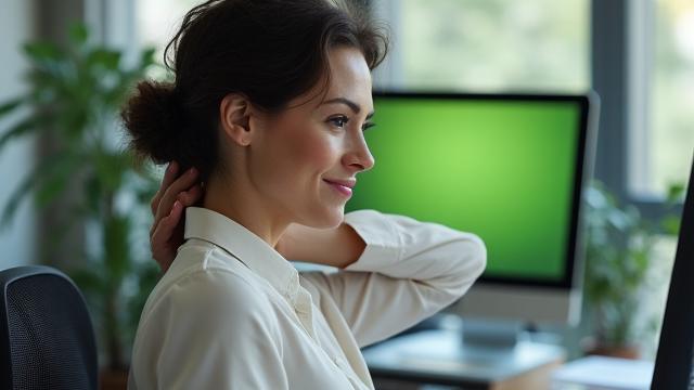 Professional woman performing desk stretches to alleviate stress