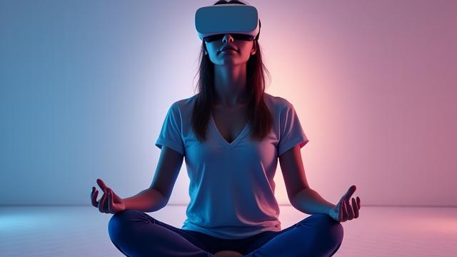 Woman meditating with VR headset on, showing mental health tech