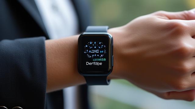 Person's wrist with a smartwatch displaying health metrics