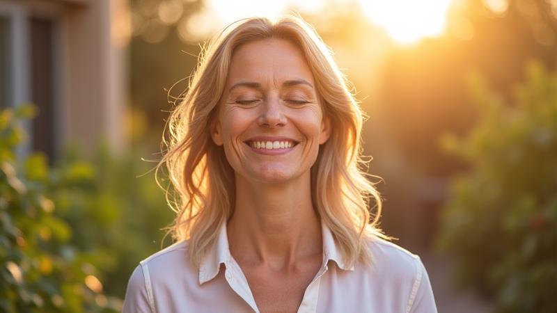 Woman enjoying morning sunlight, practicing mindfulness outdoors