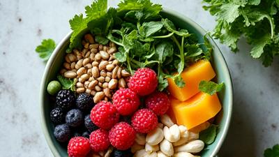 Ingredients for a balanced, gut-friendly meal: vegetables, whole grains, and lean protein