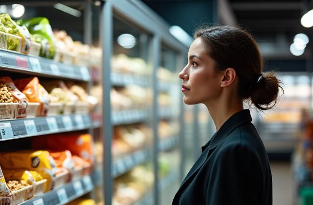 Person looking at processed snacks in a grocery aisle, contemplating healthy choices