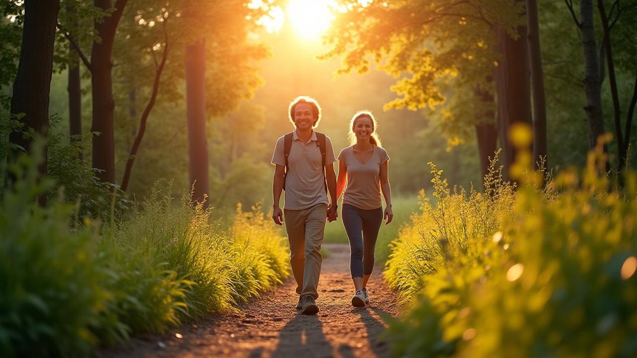 Vibrant, healthy couple (40s-50s) hiking in a lush forest with subtle data overlay