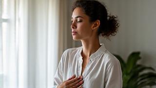 Woman doing a body scan meditation, calm.