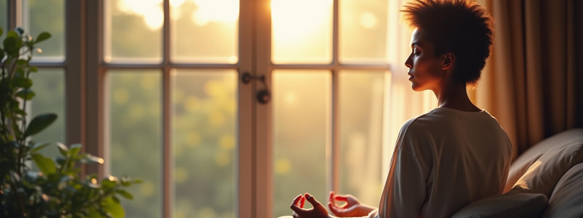 A person meditating peacefully by a window with soft morning light, conveying calm and focus.