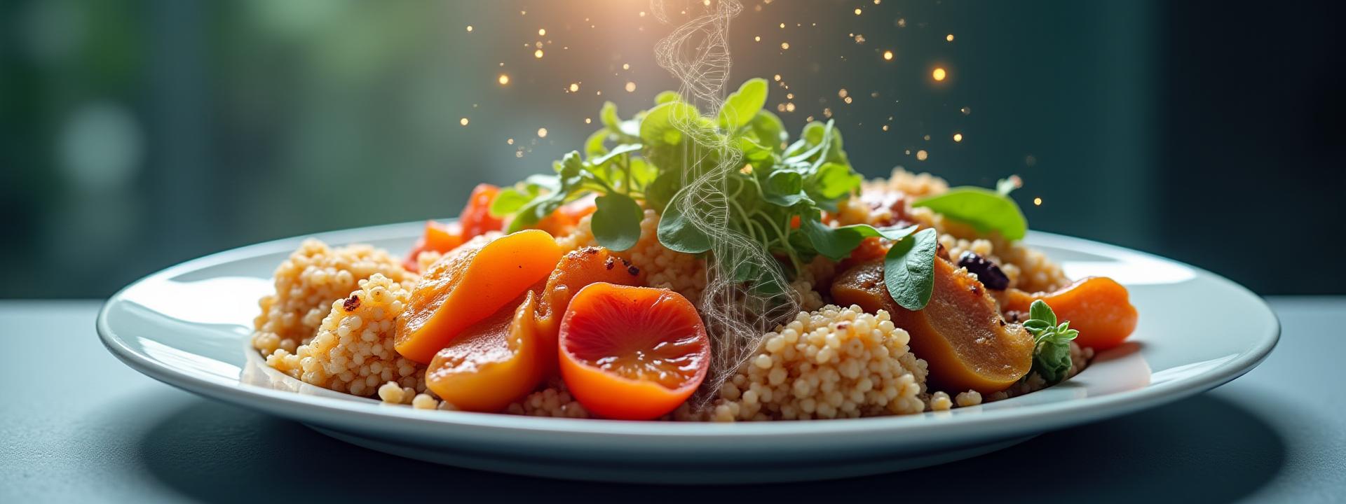 Healthy plate of food with digital DNA helix overlay
