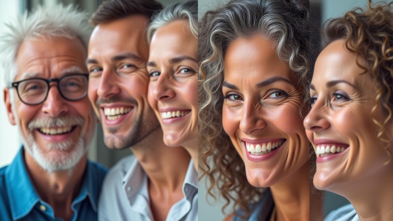 Collage of diverse adults over 35 smiling and engaging, representing community and connection.