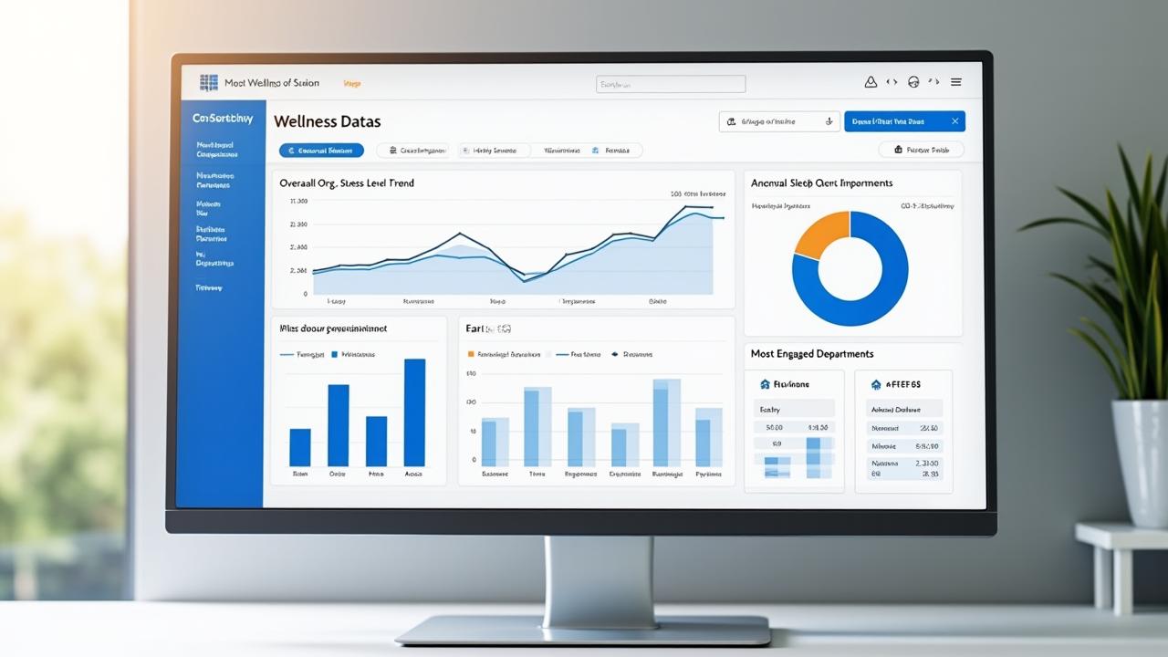 Screenshot of a corporate wellness analytics dashboard showing graphs for stress levels, sleep quality, and departmental engagement.